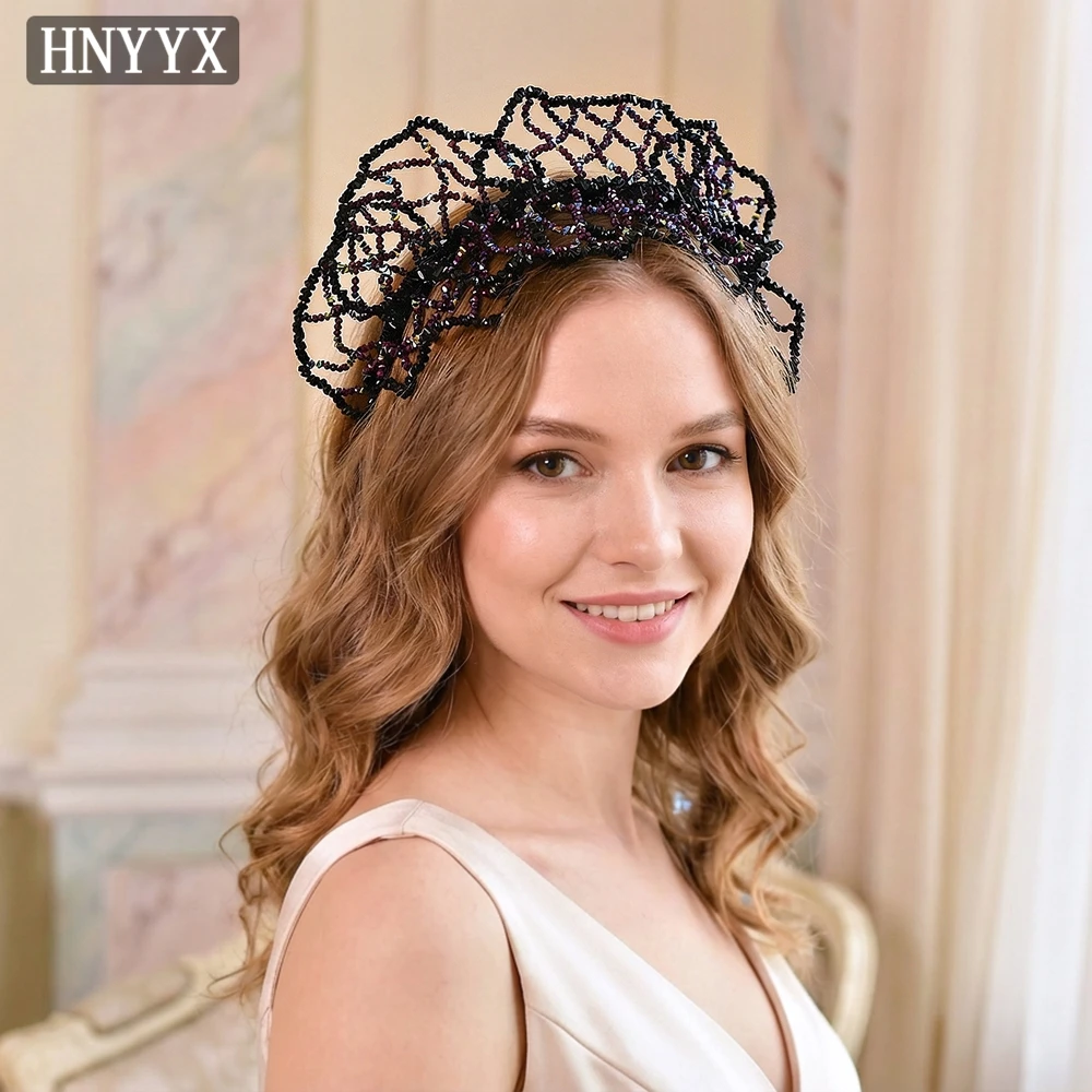 HNYYX Baroque Black Color Beaded Crown Hair Hoop Women Wide Headband Handmade Party Prom Headpieces Hair Accessories A418