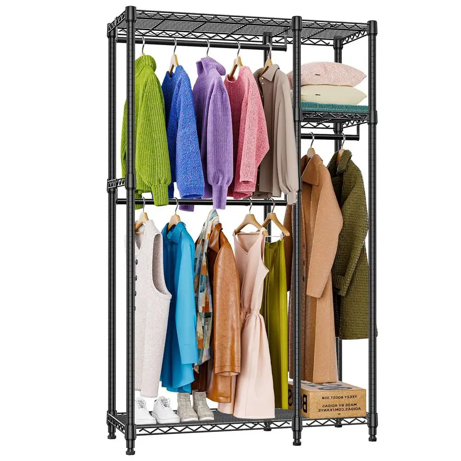 

Heavy Duty Rolling Garment Rack 3 Tiers Adjustable Wire Shelving Clothes Rack with 3 Rods and Side Hooks,Storage Closet Clothing