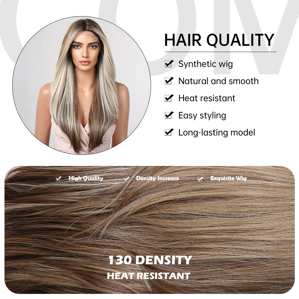 Brown Highlight Blonde Synthetic Lace Front Wig Long Straight Pre Plucked Lace Wig with Baby Hair for Women Heat Resistant Daily