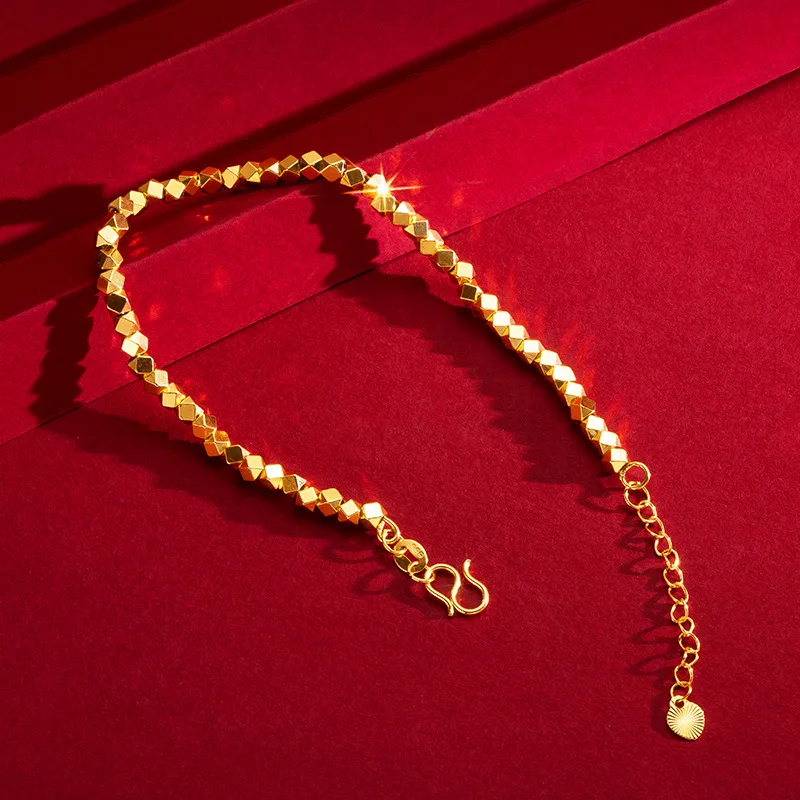 Real 18K Gold Chain Bracelet for Women, Pure Adjustable, Trendy, Laser Beads, Fine Jewelry, Gift