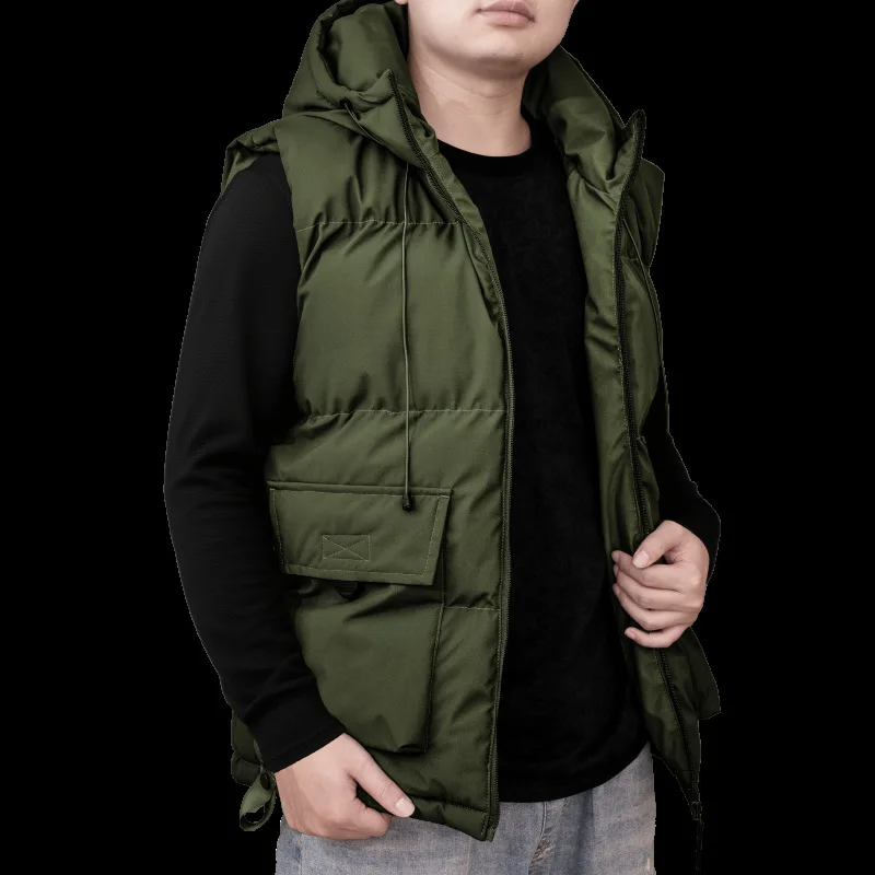 

High Street Sleeveless Cargo Jacket Men Autumn Winter Stand Collar Windproof Hooded Vest Coat Men's Thicken Warm Slim Waistcoat