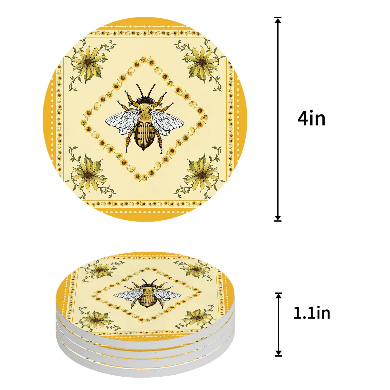 Idyllic Sunflower Bee Ceramic Coaster Set Kitchen Table Round Placemat Luxury Decor Coffee Tea Cup Coasters