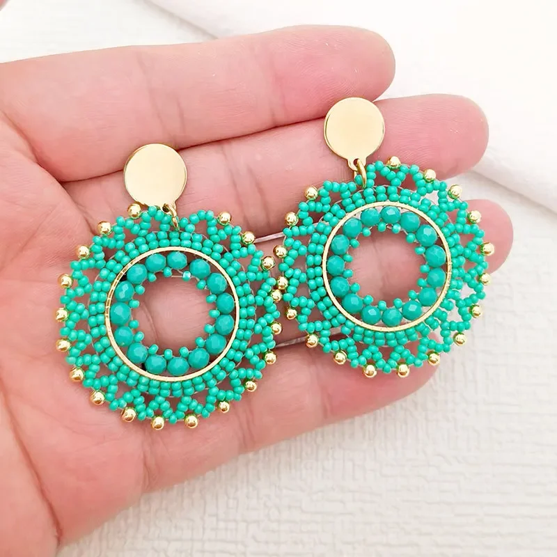 Rice bead earrings Circle Lace Originality Hand knitting Bohemia Alloy Fashion Simple Beaded earrings