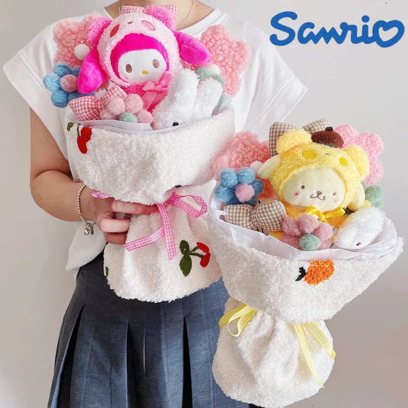 Peluche de dessin animé Hello Kitty My Melody Kuromi, jouet à fleurs, Bouquet Sanrio, boîte cadeau de noël, saint valentin