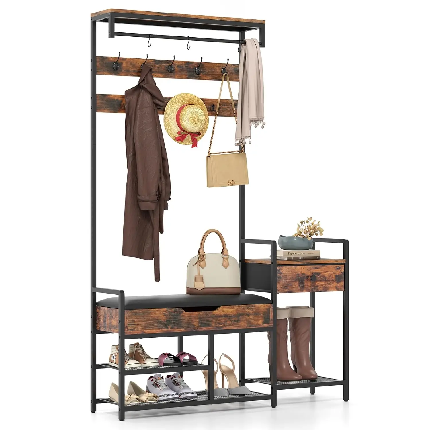 

Hall Tree with Bench and Shoe Storage, 70" Coat Rack Freestanding w/Shoe Rack, 12 Hooks, Drawer & Shelf, Customized