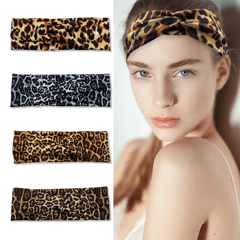 Women\'s Leopard Headband Spring Summer Casual Cotton Stretchy Cross Knot Hair Bands for Ladies Fashion Make Up Hair Accessories