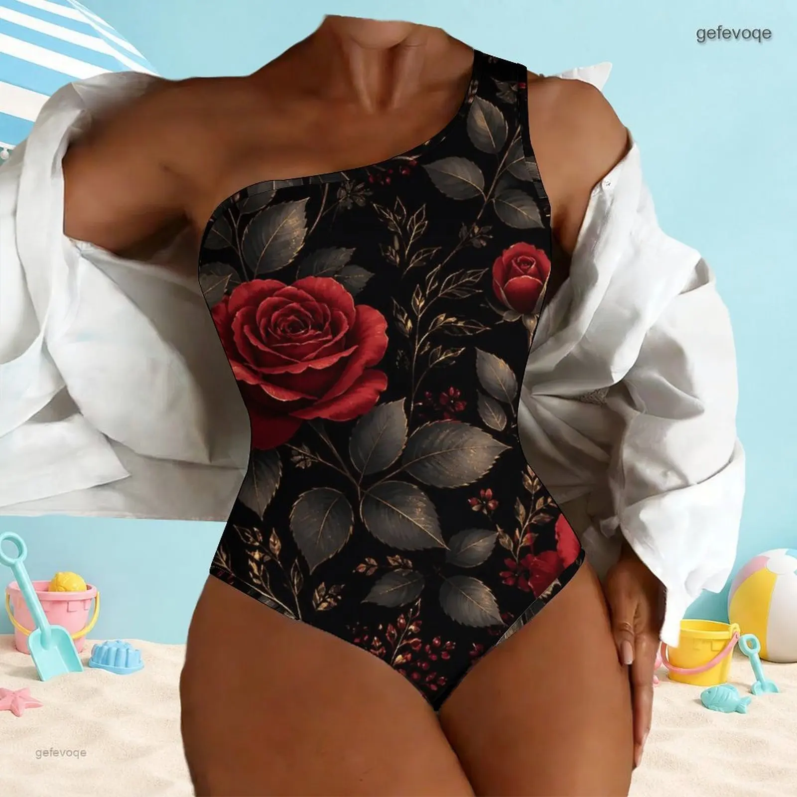 Women One Shoulder Sleeveless One Piece Swimsuit, Printed Red Rose Floral on Black