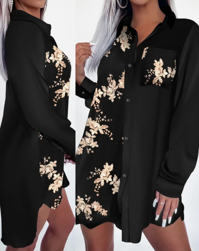 

Flower Pattern Contrasting Sequin Shirt Dress, New Fashion Casual Hot Selling Sexy Long Sleeved Single Breasted Loose Fitting