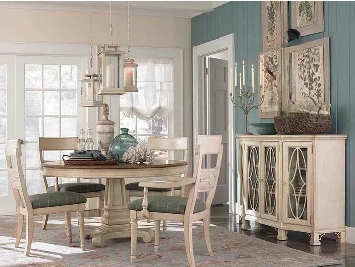 American rural all-solid wood round table French restaurant retro European engraved color matching dining table dining chair