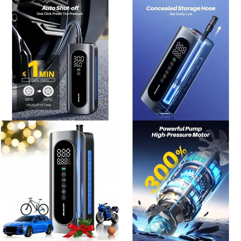 

Портативный воздушный компрессор для накачивания шин, воздушный насос 150PSI для автомобильных шин с манометром для шин, 3 шт., быстрые интеллектуальные шнуры одним щелчком мыши