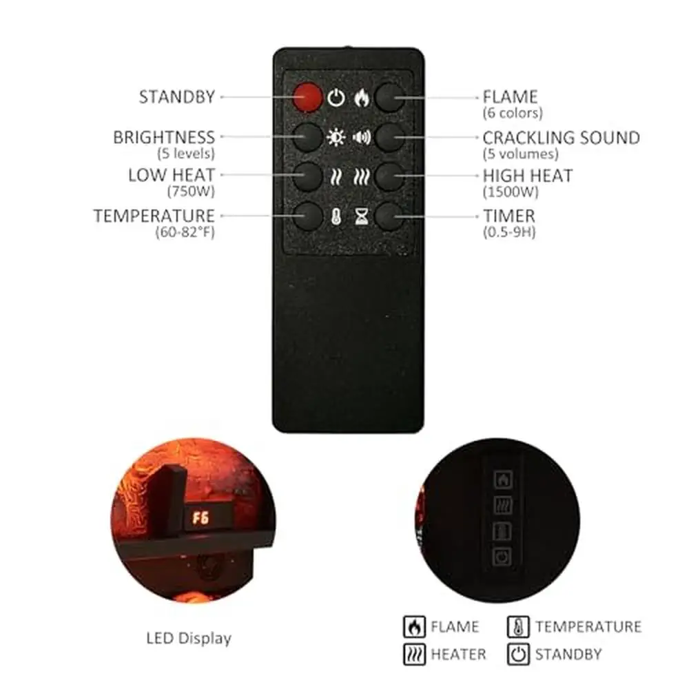 24 "เตาผิงไฟฟ้า Log ชุดใส่เครื่องทําความร้อน 6 เปลวไฟสี Crackling Sound REMOTE 750/1500W Thermostat TIMER จอแสดงผล LED