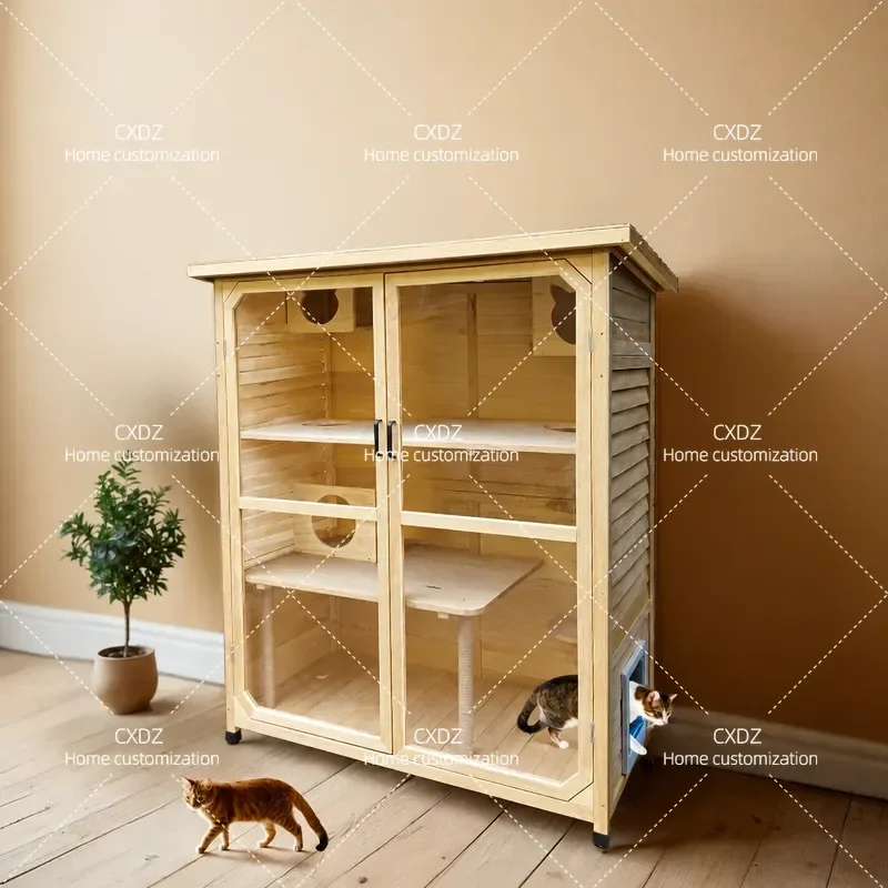 Solid Wood Cat Villa Luxury Large Waterproof Moisture Proof Indoor Outdoor Cat House Cage Nest Pet Home Furniture