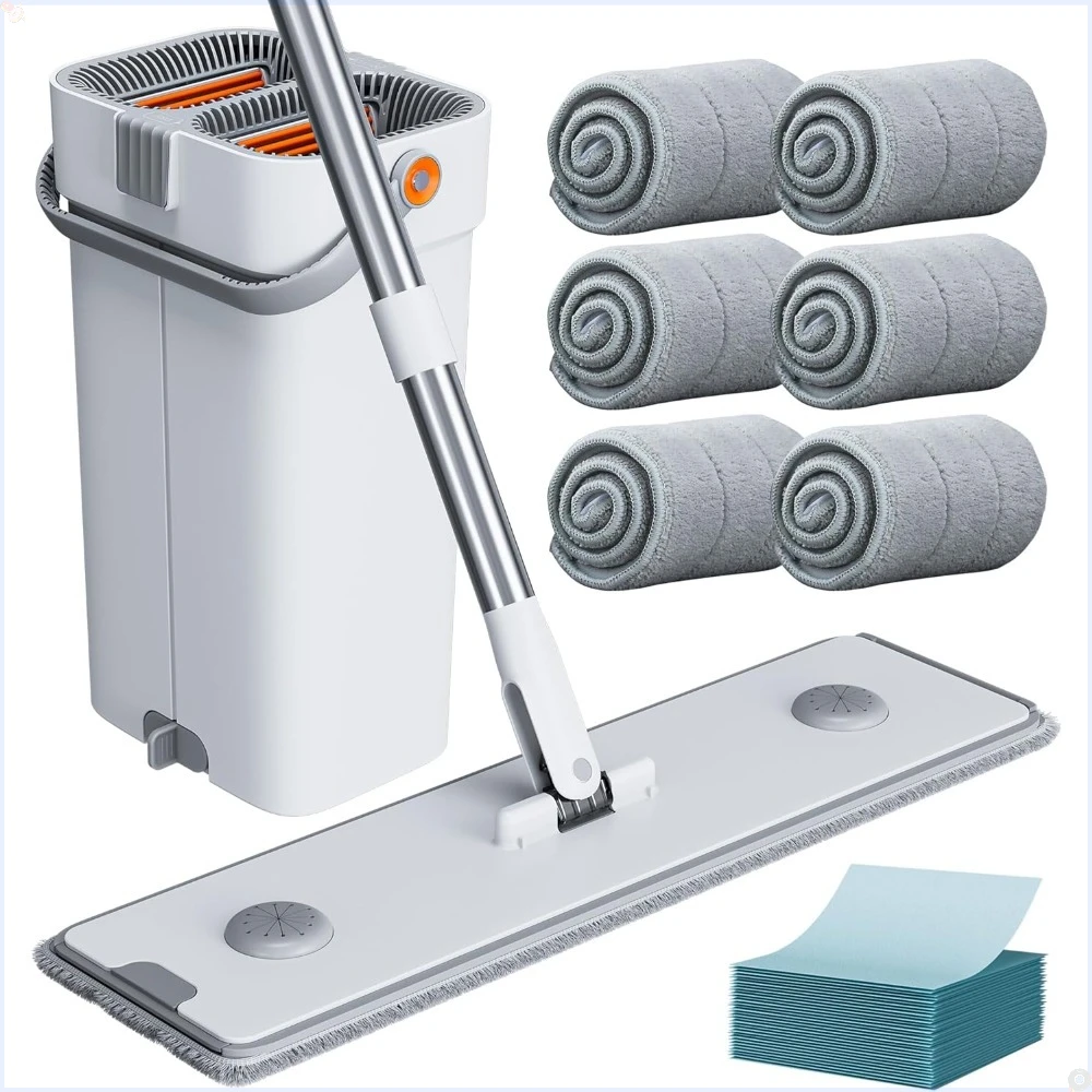 

Large Mop and Bucket Set, with Adjustable Handle (Max 74 Inches),Mops for Floor Cleaning, 6 Washable 15.74'' Microfiber Mop Pads