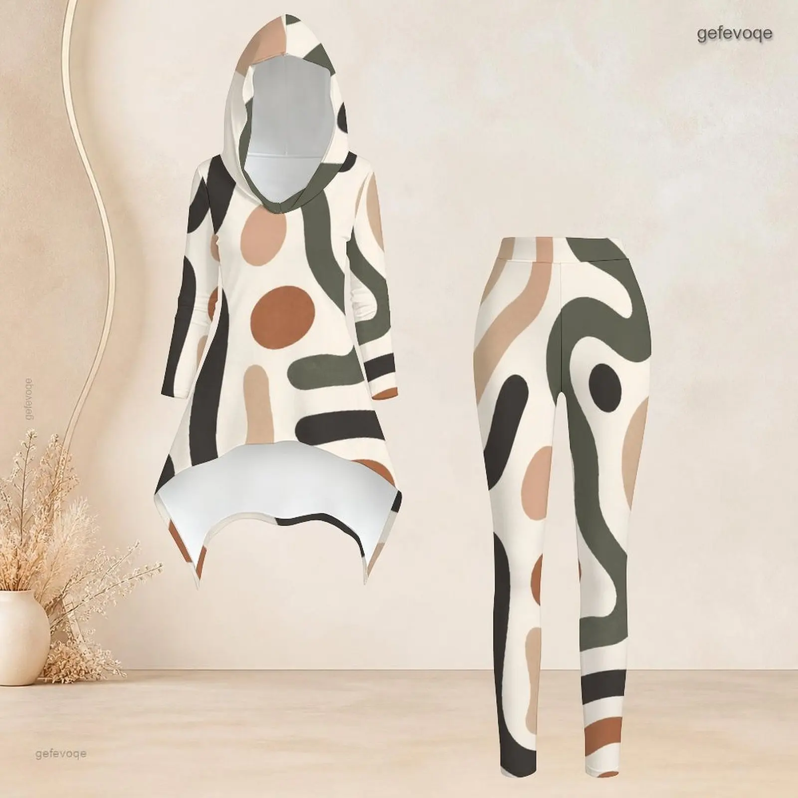 Women Abstract Printed Hooded Long Sleeve High Low Top and Fitted Leggings Two Piece Pants Set