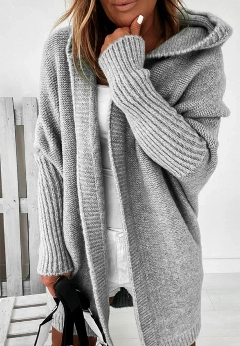 Cardigan for Women Autumn Fashion Solid Color Long Sleeved Temperament Commuting Loose Knit Open Front Hooded Sweater Cardigan