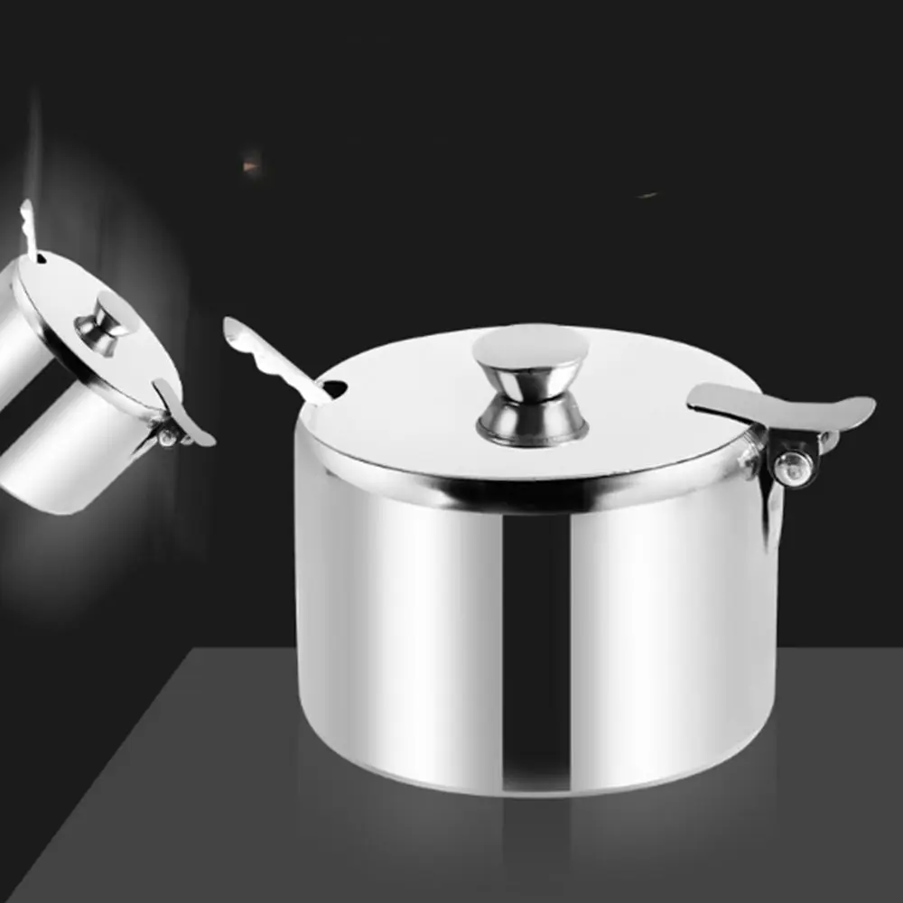 Practical Silver Stainless Steel Sugar Bowl Waterproof Dustproof Salt Organizer with Lid Spoon Condiment Pot for Kichen