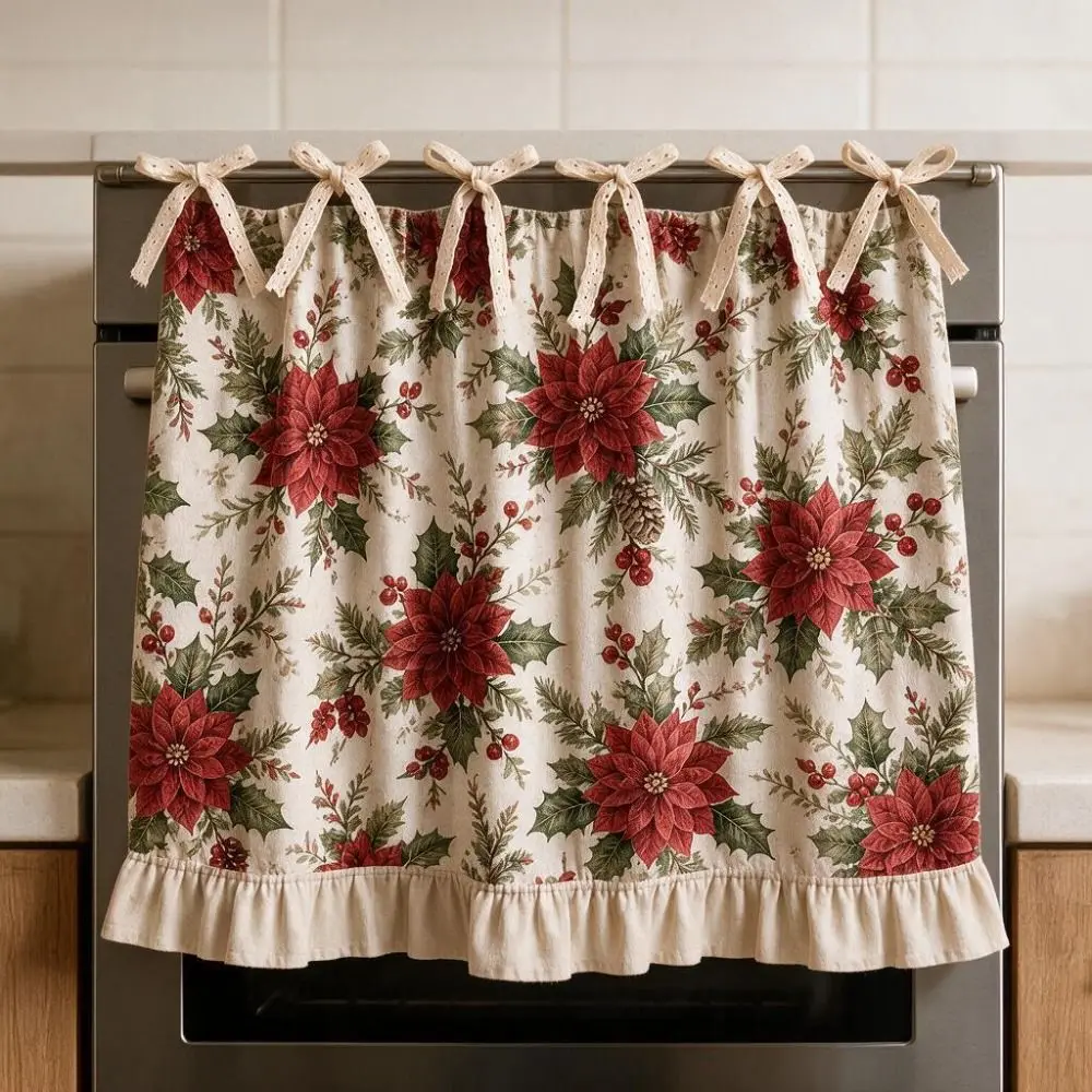 Xmas Tree Snowflake Printed Christmas Oven Short Curtain Decorative American Countryside Style Kitchen Stove Short Curtain