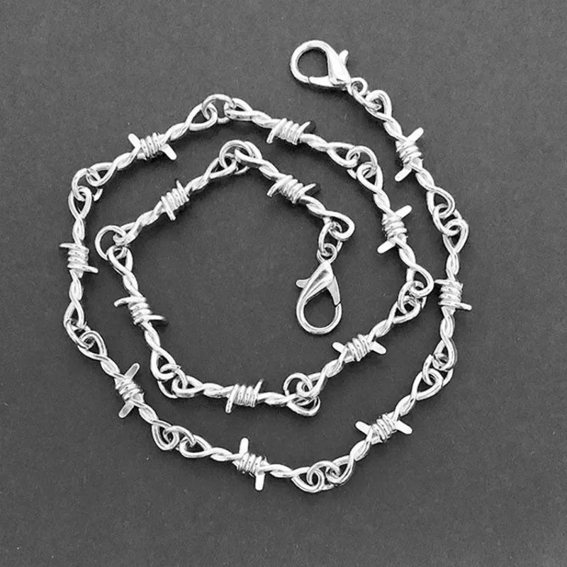 Silver Barbed Wire Chain Bracelet Necklace Earrings For Men Women Gothic Punk Thorns Link Wristband Alternative Y2k Dark Jewelry