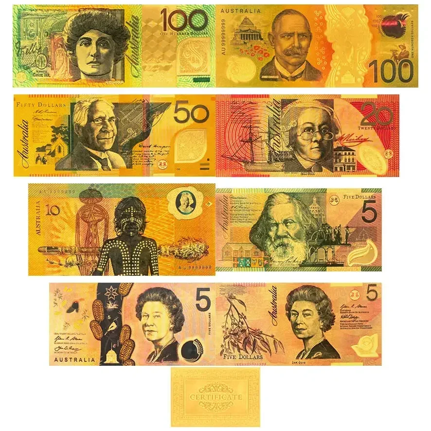 1 set Colorful Australia Dollar Golden Plated Banknote AUD 5 10 20 50 100 Gold Foil Banknote Currency for Collection and gift