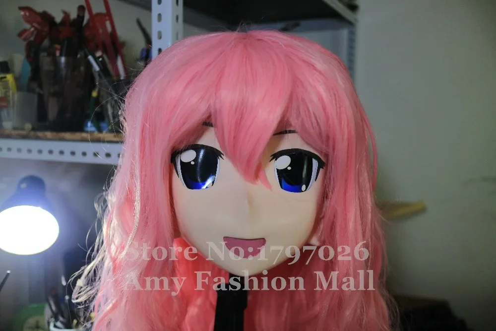 New Arrival Silicone Full Head Kigurumi Masks Cosplay Lovely Pink Curly Hair Crossdresser Kigurumi Mask with Wig