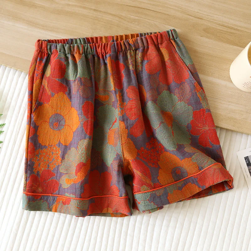 2024 New Summer Women\'s Pajamas 100% Cotton Shorts Yarn-dyed Jacquard Shorts Women\'s Loose Home Pants Thin Home Pants Pajamas