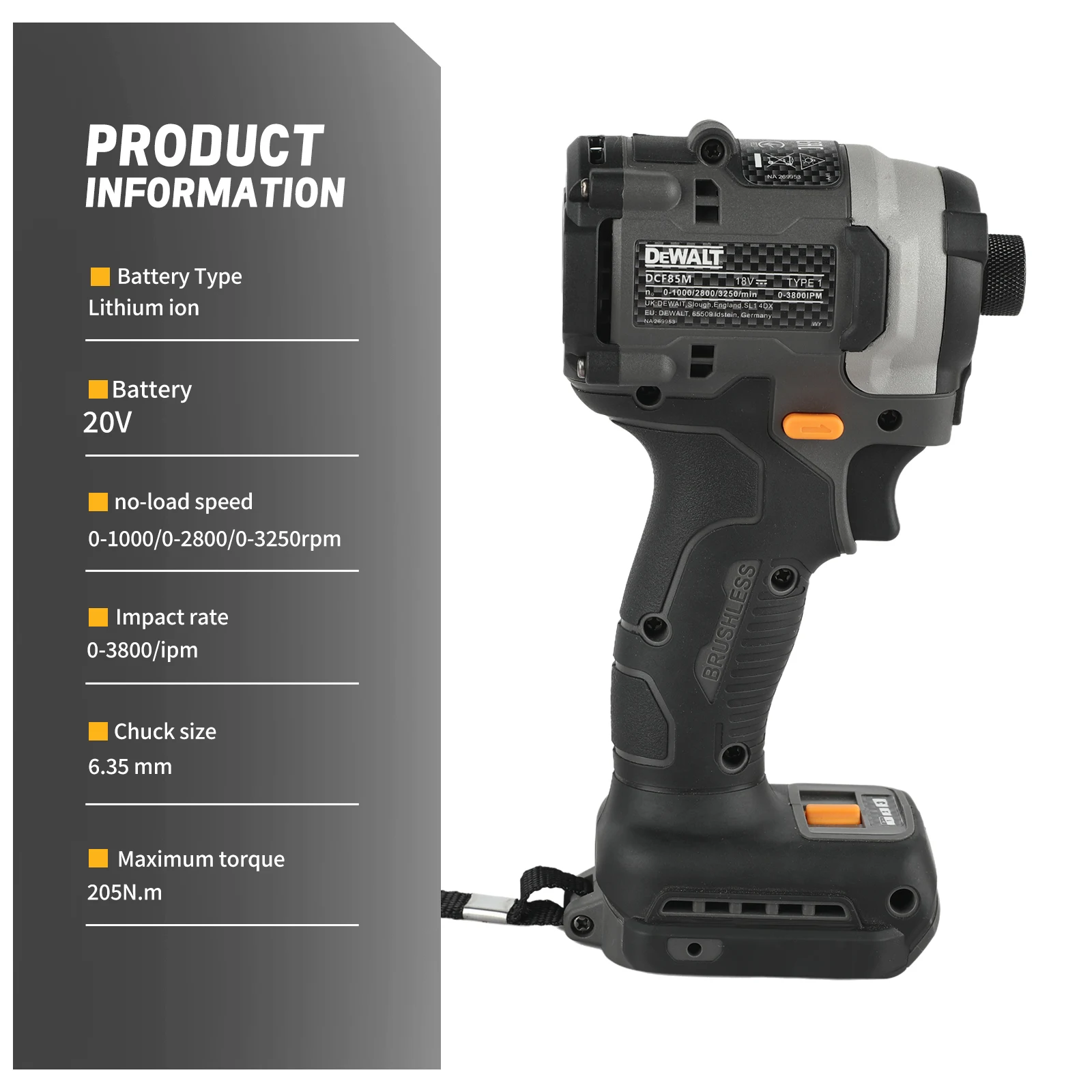 DeWalt DCF85m tournevis sans fil sans brosse 205N.m 6.0Ah perceuse à percussion électrique, pour batterie au Lithium Dewalt 20V