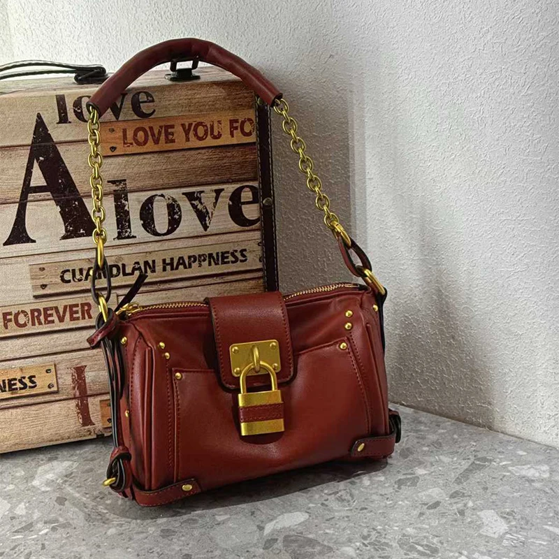 Sac à bandoulière de marque rétro pour femmes, sac à bandoulière Design à boucle de luxe, fourre-tout à chaîne en cuir de qualité avec serrure dorée, sac à main pour dames