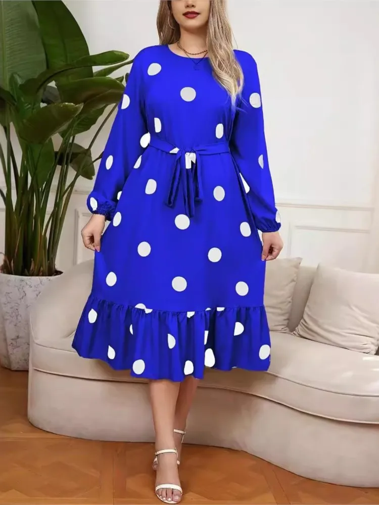 Plus Size Polka Dot Print Autumn Dress Women Loose Ruffle Pleated Fashion Ladies Dresses Long Sleeve Casual Woman Midi Dress