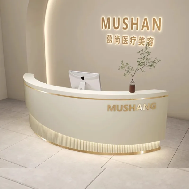 ديكور مكتب الاستقبال الحديث، مكتب الاستقبال، عيادة، مكاتب الاستقبال البيضاء المقوسة، صالون التجميل، أثاث Mostrador De Tienda #2