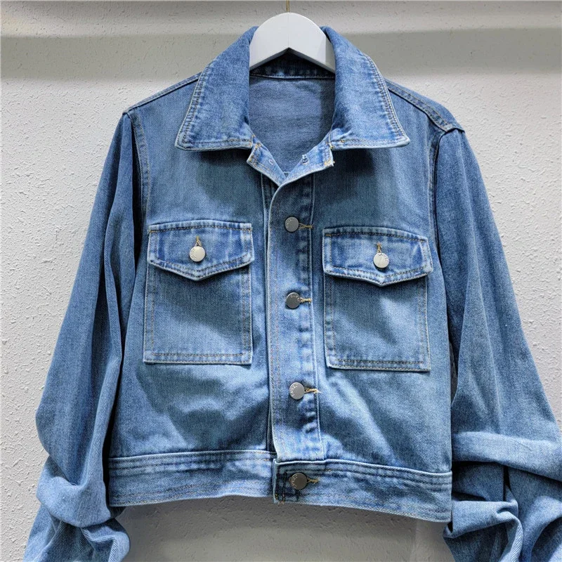 2024 Autumn New Lapel Bow Design Women's Denim Jacket Fashion Versatile Long Sleeve Short Coat Female Trendy