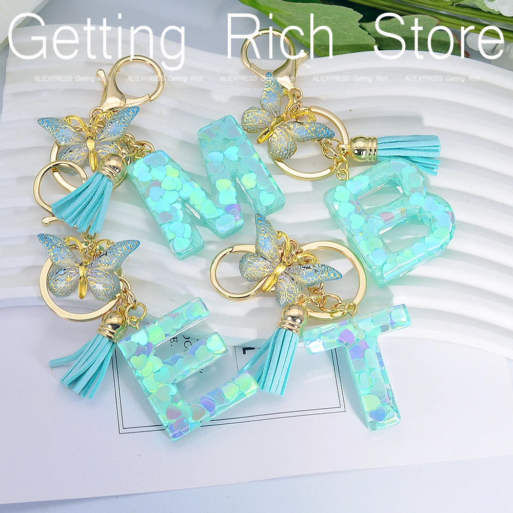 A-Z Green Heart Sequin Letter Keychain Resin Initials Name Keyring With Butterfly Tassel For Friend Purse Bag Handbag Decor Gift