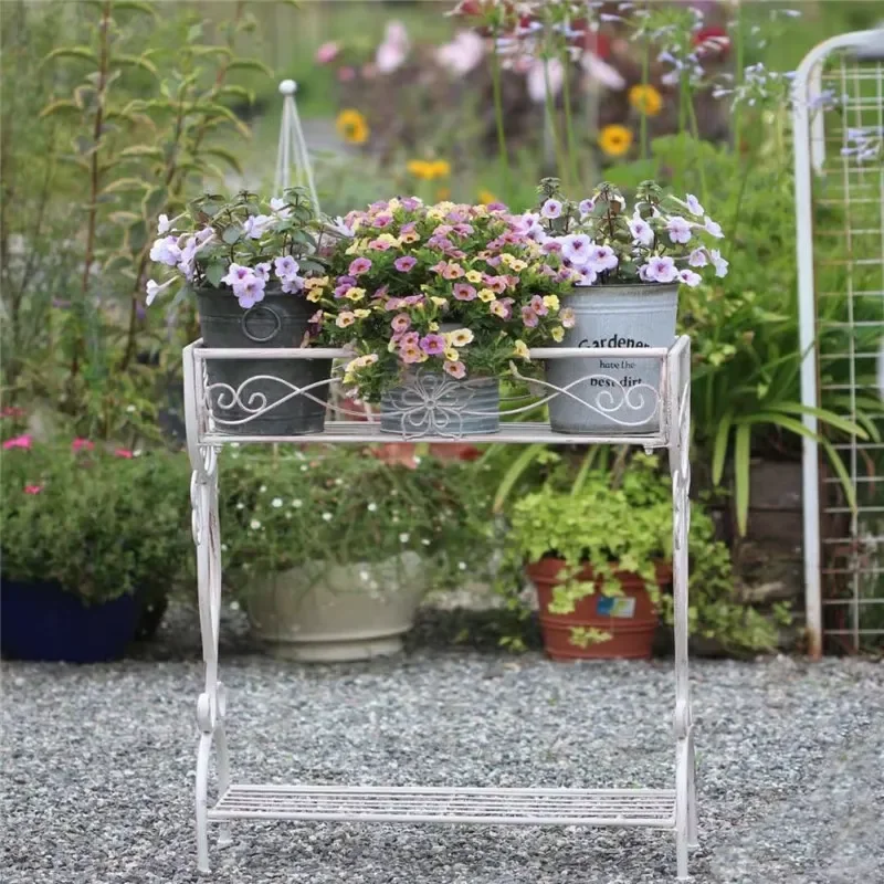 for European Style Wrought Iron Double Layer Flower Stand Creative Succulent Green Plant Pot Rack Storage Shelf for Potted