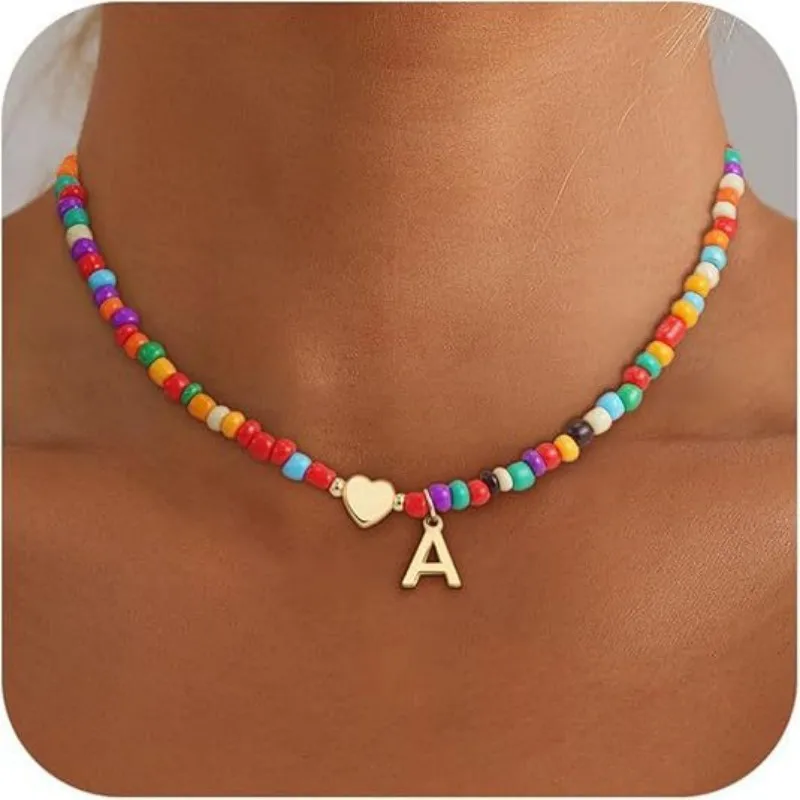 

Colorful Beads Customized Initial Letter Necklace Love Heart Women's Collarbone Chain Gold 26 Letters Pendant Gifts for Friends