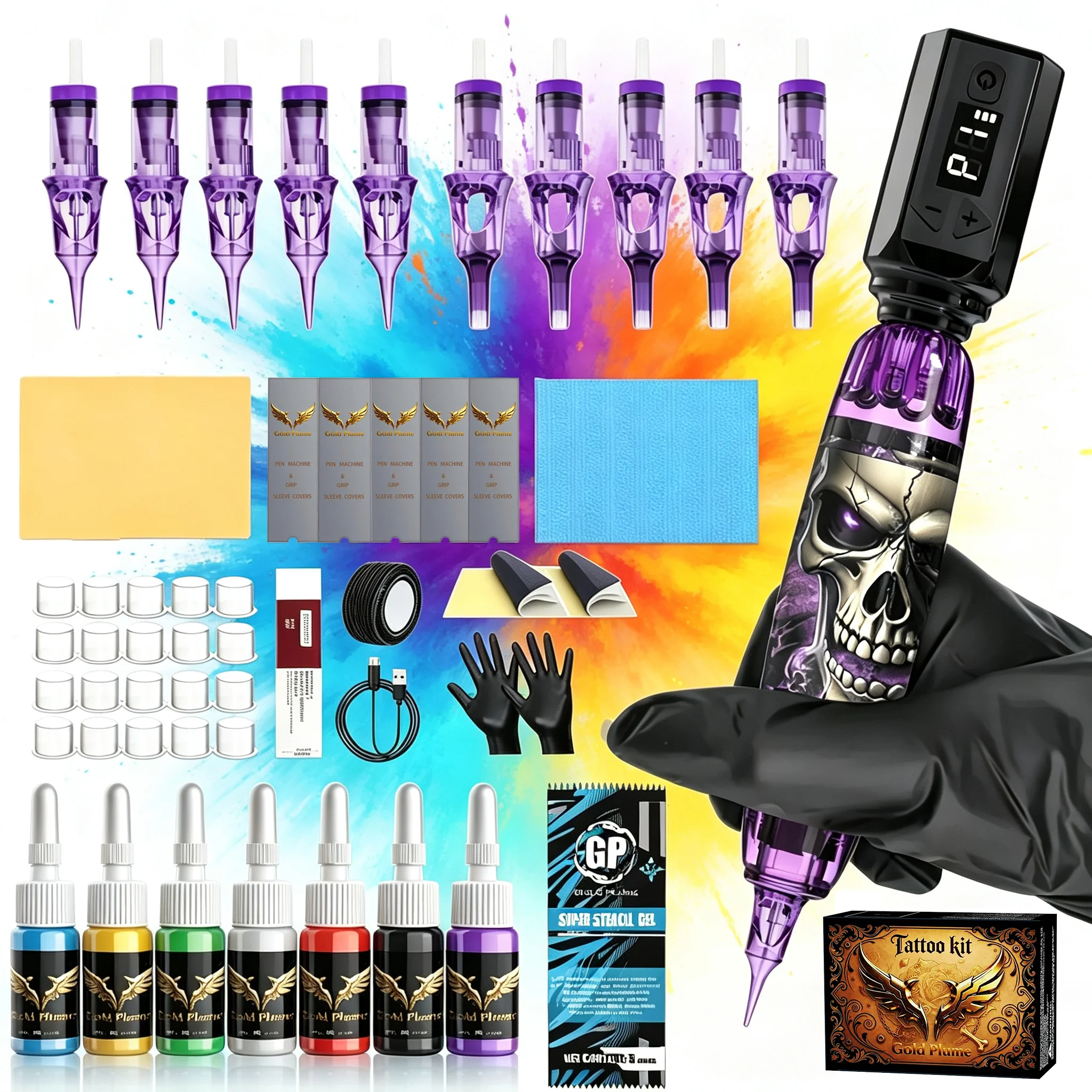Gold Plume LCD Wireless Tattoo Pen Kit with 1100mAh Rechargeable Battery, 10Pcs Needles & 7 Colors Tattoo Inks, Complete Tattoo Supply Set for Beginners