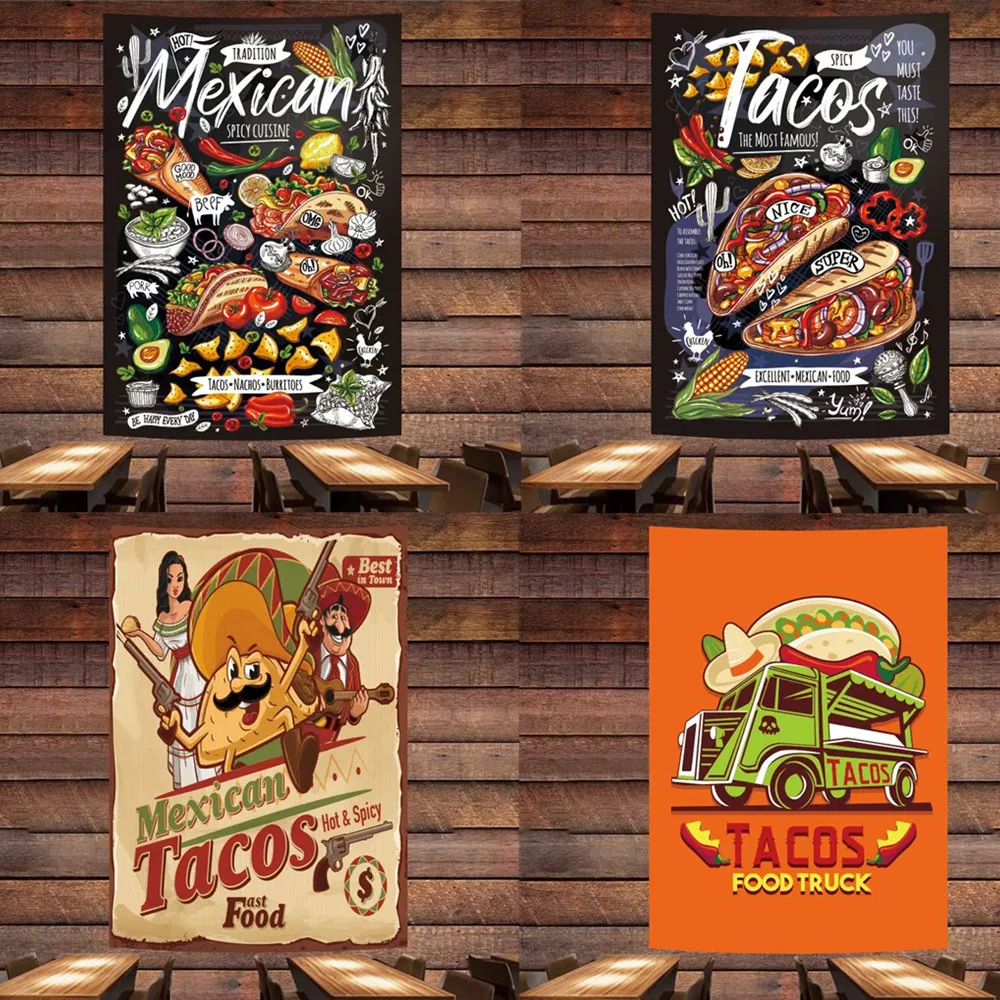 

Mexican TACOS Hot & Spicy Banner Fast Food Wall Art Poster Wall Hanging Flag Canvas Painting Tapestry Home Decor Sticker Mural