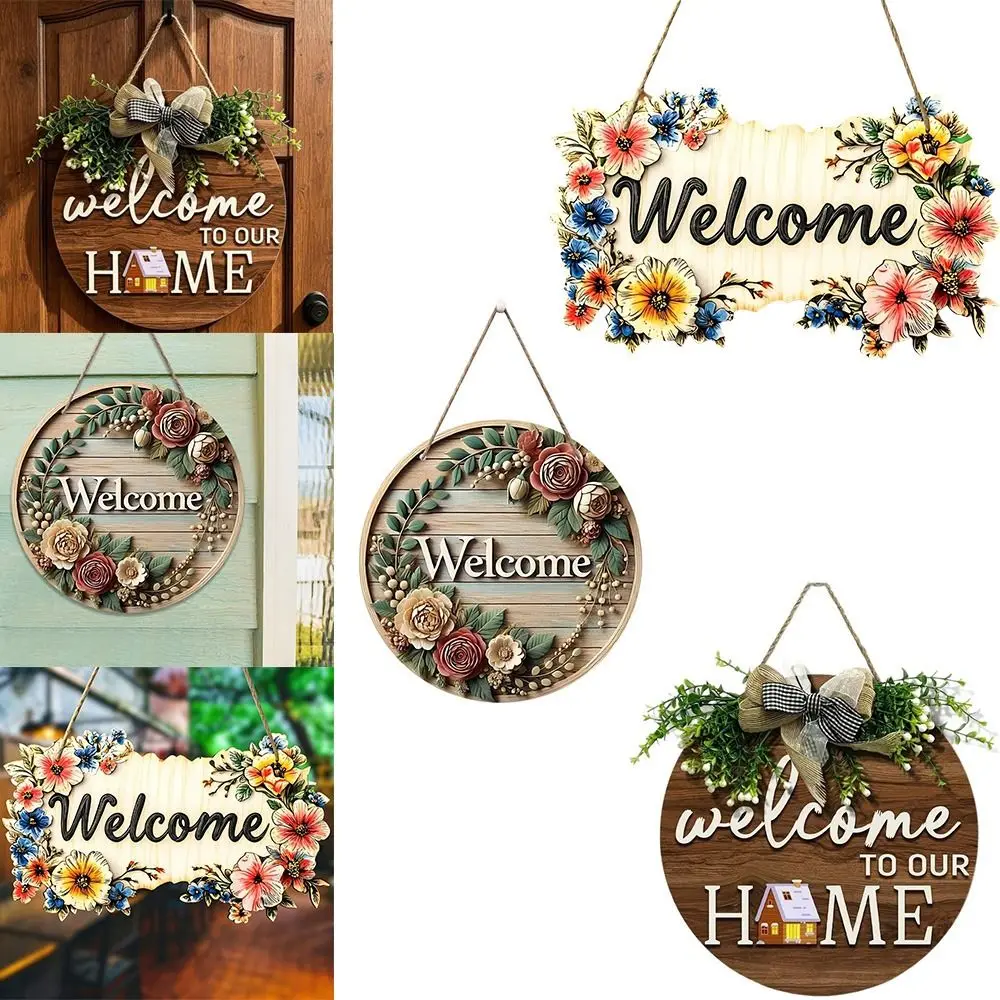 New 2D Flat 2D Round Welcome Sign Retro Style Cat Print Round Doorplate Warm Home Floral Print Hanging Wooden Board Home Decor
