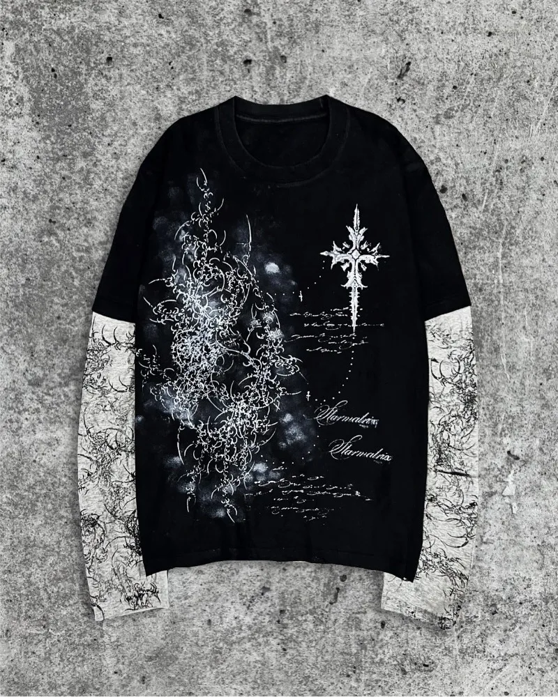 

Готическая темная полосатая футболка большого размера из хлопка с круглым вырезом для мужчин Y2K Повседневный хип-хоп Ретро Harajuku High Street Свободный топ для женщин