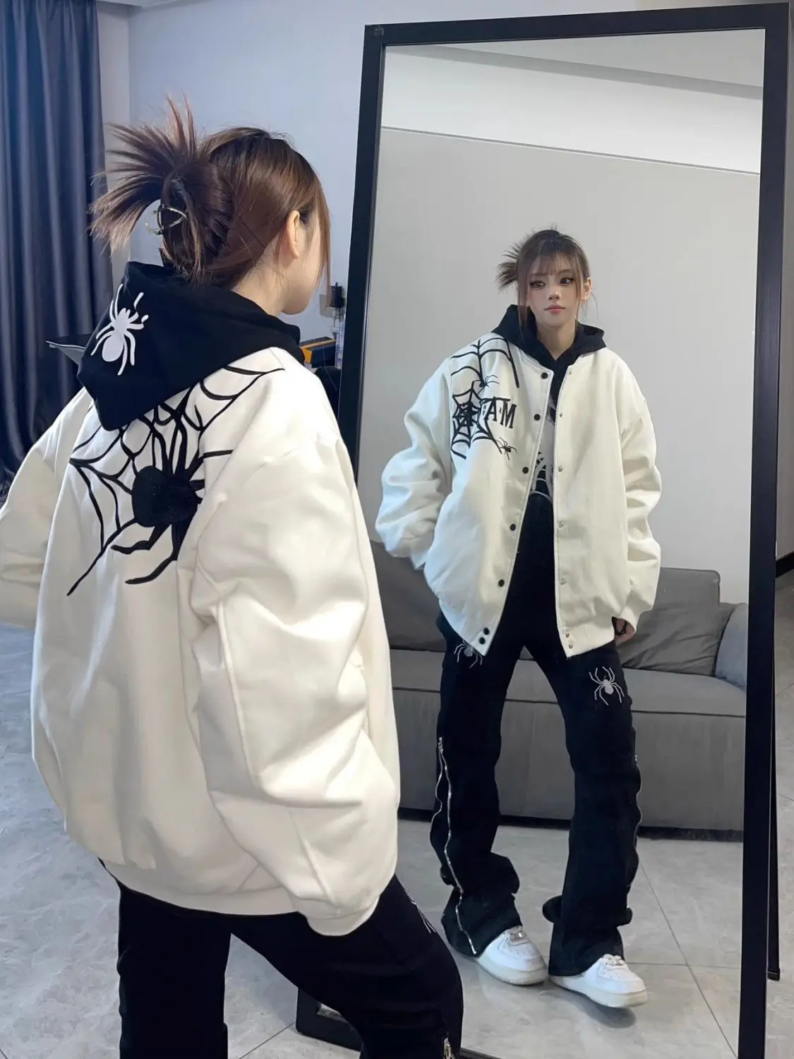

American High Street Embroidered Spider Web Jacket Baseball Jacket Spring and Autumn Men and Women Loose Couple Trendy Coat