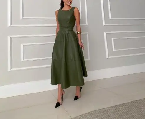 

Summer New Sleeveless Slim Fit Leather Temperament Cinched Waist Solid Color Dress Women's Fashionable Texture Leather Dress