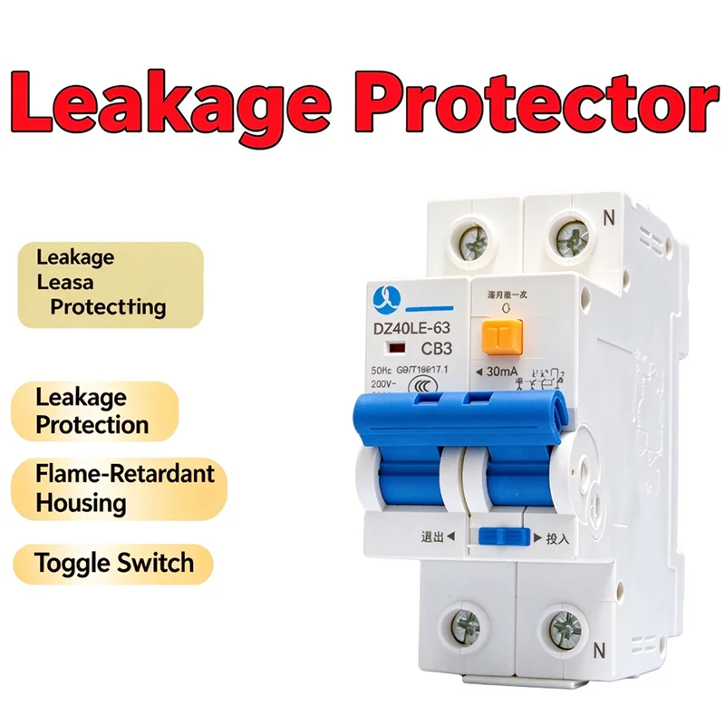 DZ47LE-63 C Type 220V 50/60HZ 30Ma L+N PA66 6kA Leakage protector for household air conditioning electric water heater C63A
