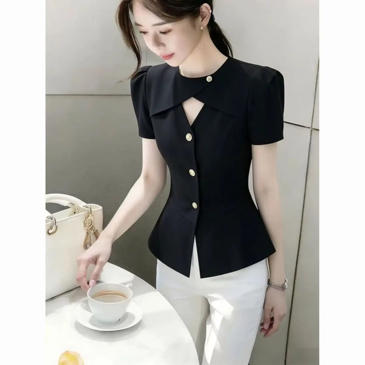 

Elegant Black Shirt Women's 2026 New Style Slim Fit Short Sleeve Hollow out Waist Design High Quality Polyester Fiber Top