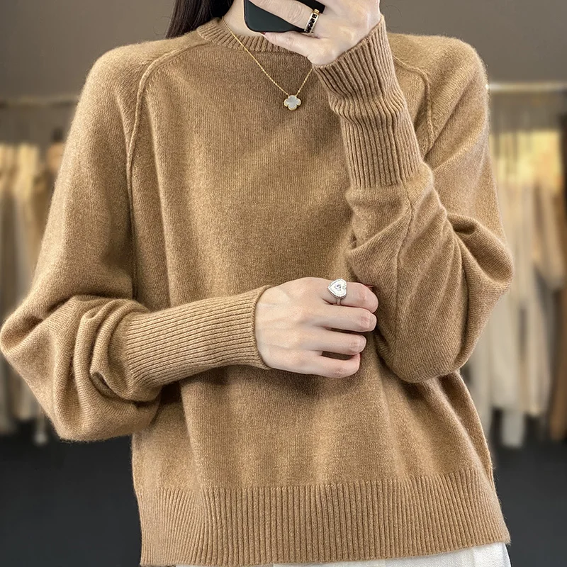 Suéter de lã casual com decote em O feminino, pulôver curto, jumper de malha solto, tamanho grande, monocromático, quente, 100% lã, feminino, outono, inverno, novo, 2023