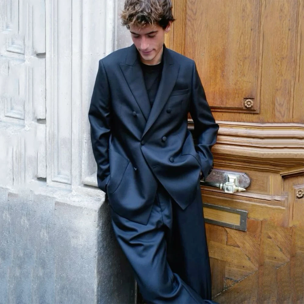 

Chic Solid Color Men's Suits 2 Piece Jacket Pant Sets Double Breastes Peak Lapel Male Fashion Clothing Daliy Loose Blazer Homme