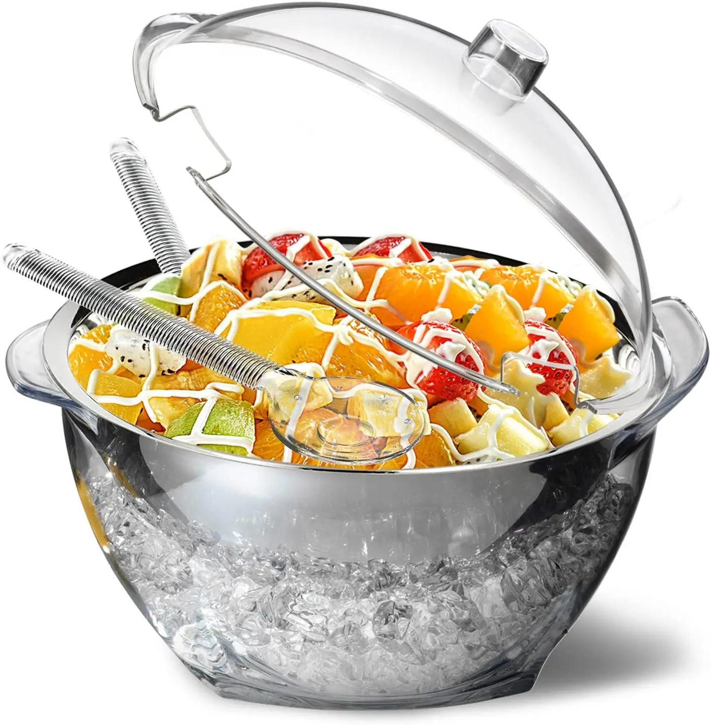 

Large Salad Bowl with Ice Chiller Base and Lid, Kitchen Refrigerated Veggie Tray with Two Long Spoons, Party Platters for Food