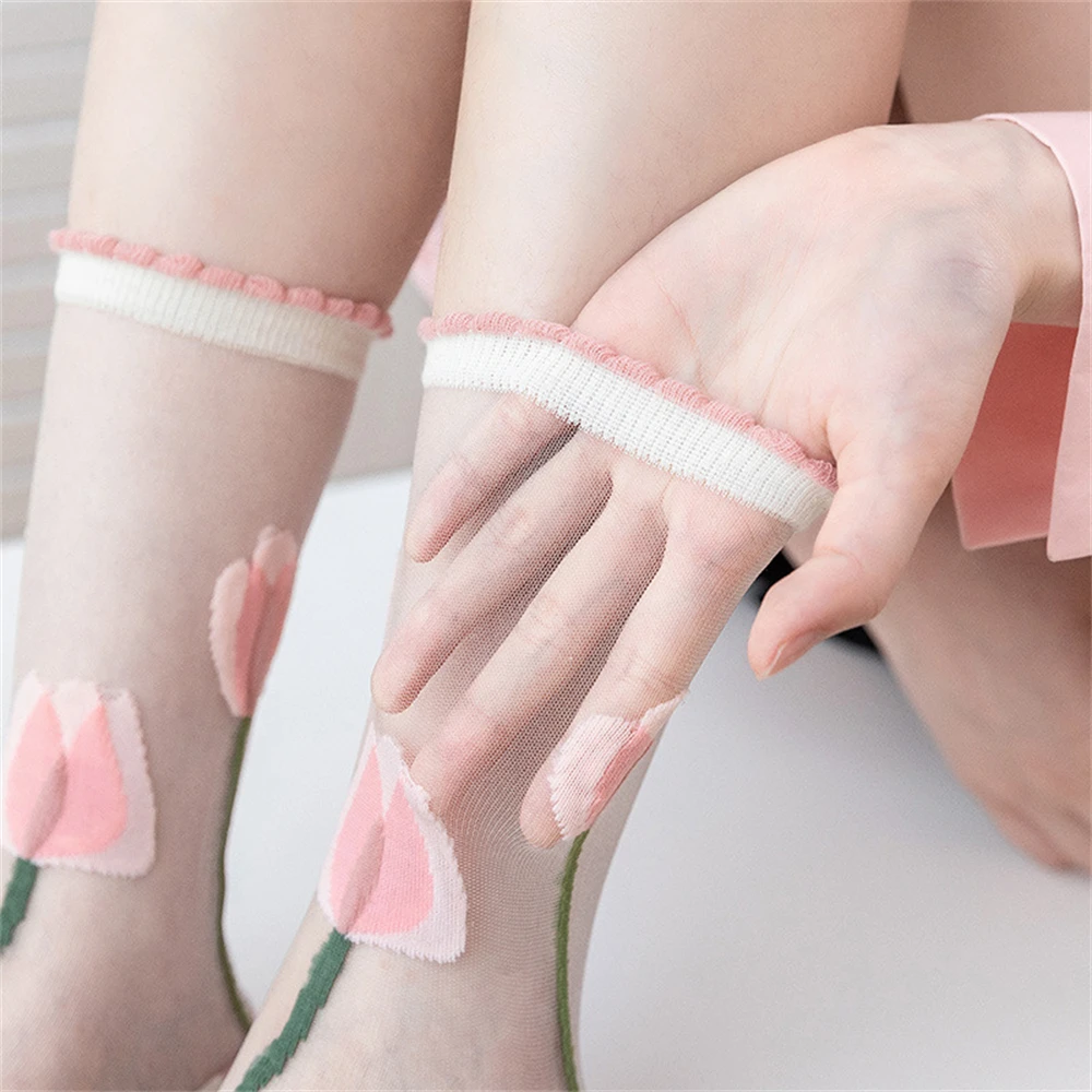 Nieuwe chique zomer mooie ultradunne tulp fee stijl transparant kristalglas zijden damessokken trendy zacht ademend
