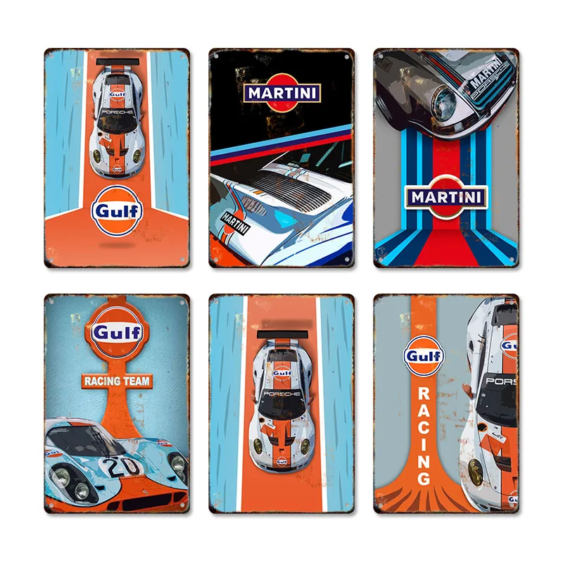 Shabby Station Retro Gulf Racing Car Metal Poster Tin Sign Plate Plaque Wall Art Vintage Garage Man Cave Home Decoration Cuadros