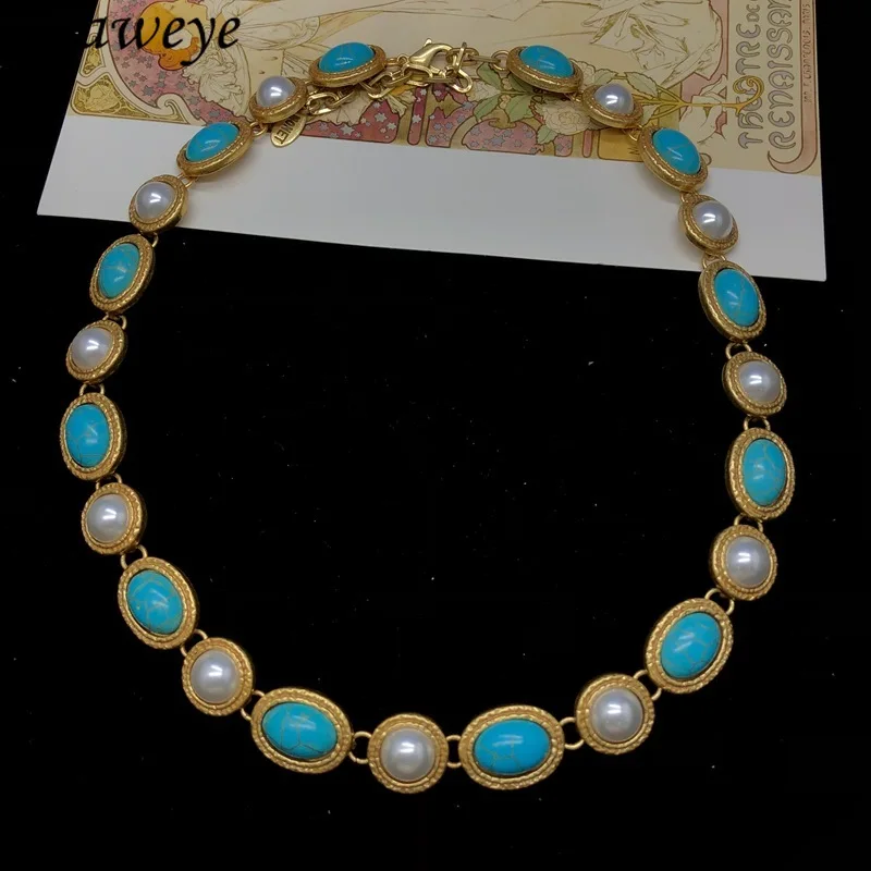 Draweye Turquoise Pearls Necklaces for Women Medieval Palace Style Vintage Jewelry Elegant Geometric Simple Collares Para Mujer