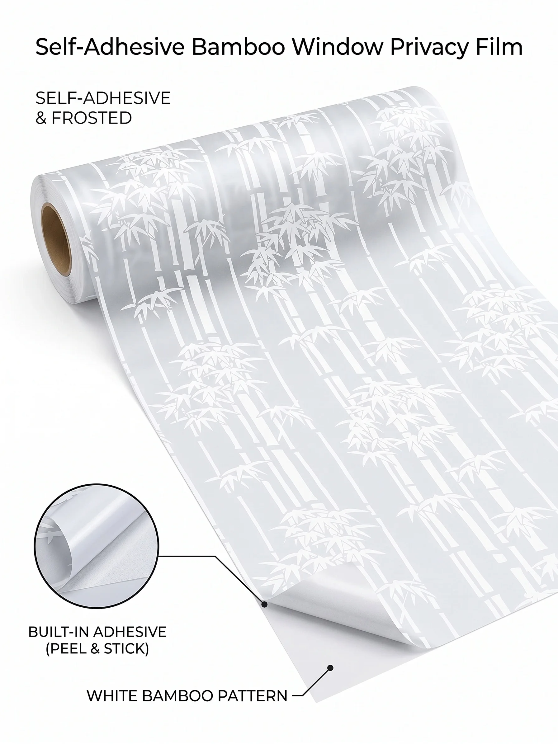 Elegant Vertical Bamboo Silhouette Window Film Self-Adhesive Frosted Privacy Protection Waterproof Oil-Proof Anti UV Heat