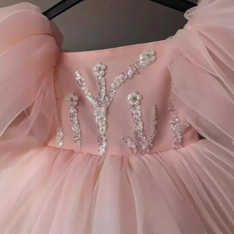 Sequin Flowers Party Dresses for Baby Girls Puff Sleeves Children Dresses Square Neck Ball Gown White Children Tulle Frocks