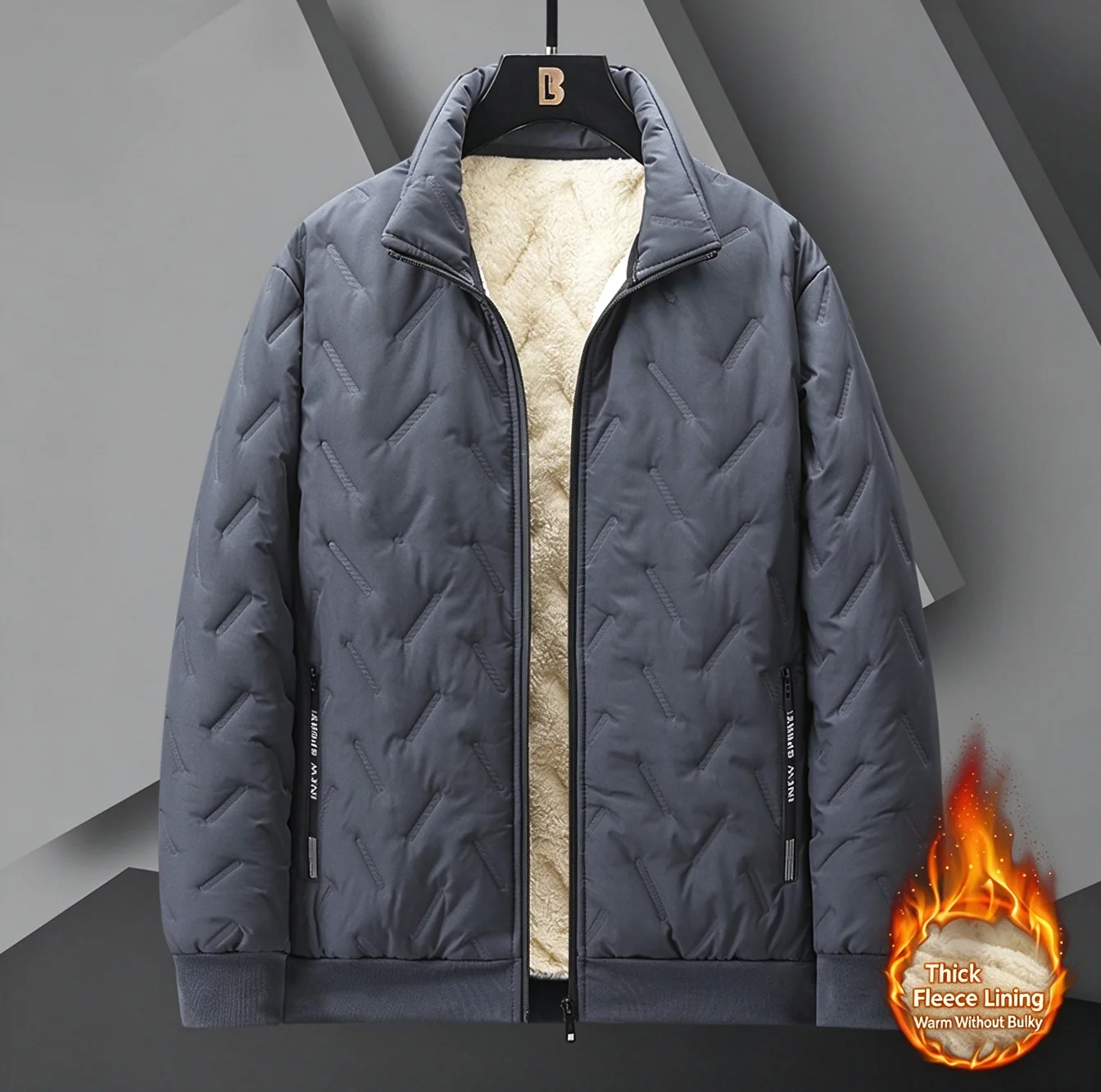 Winter Fleece Lined Jacket for Men, Warm Quilted Padded Coat, Casual Stand Collar Outerwear